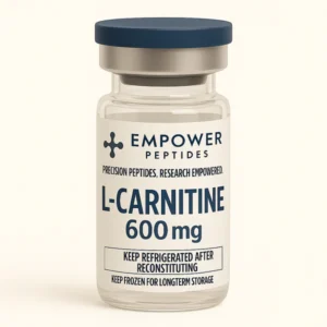 L-Carnitine research compound vial studied for its role in fatty acid transport and cellular energy metabolism pathways