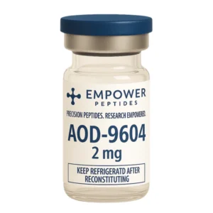 AOD-9604 research peptide vial studied for its role in growth hormone–derived peptide signaling pathway research, for in vitro laboratory use