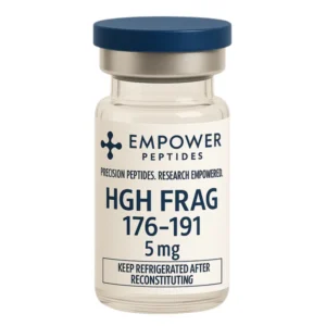 HGH Fragment 176–191 research peptide vial studied for its role in growth hormone–derived peptide signaling pathway research