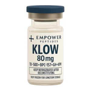 KLOW research peptide blend vial studied for combined peptide signaling and cellular interaction pathway research